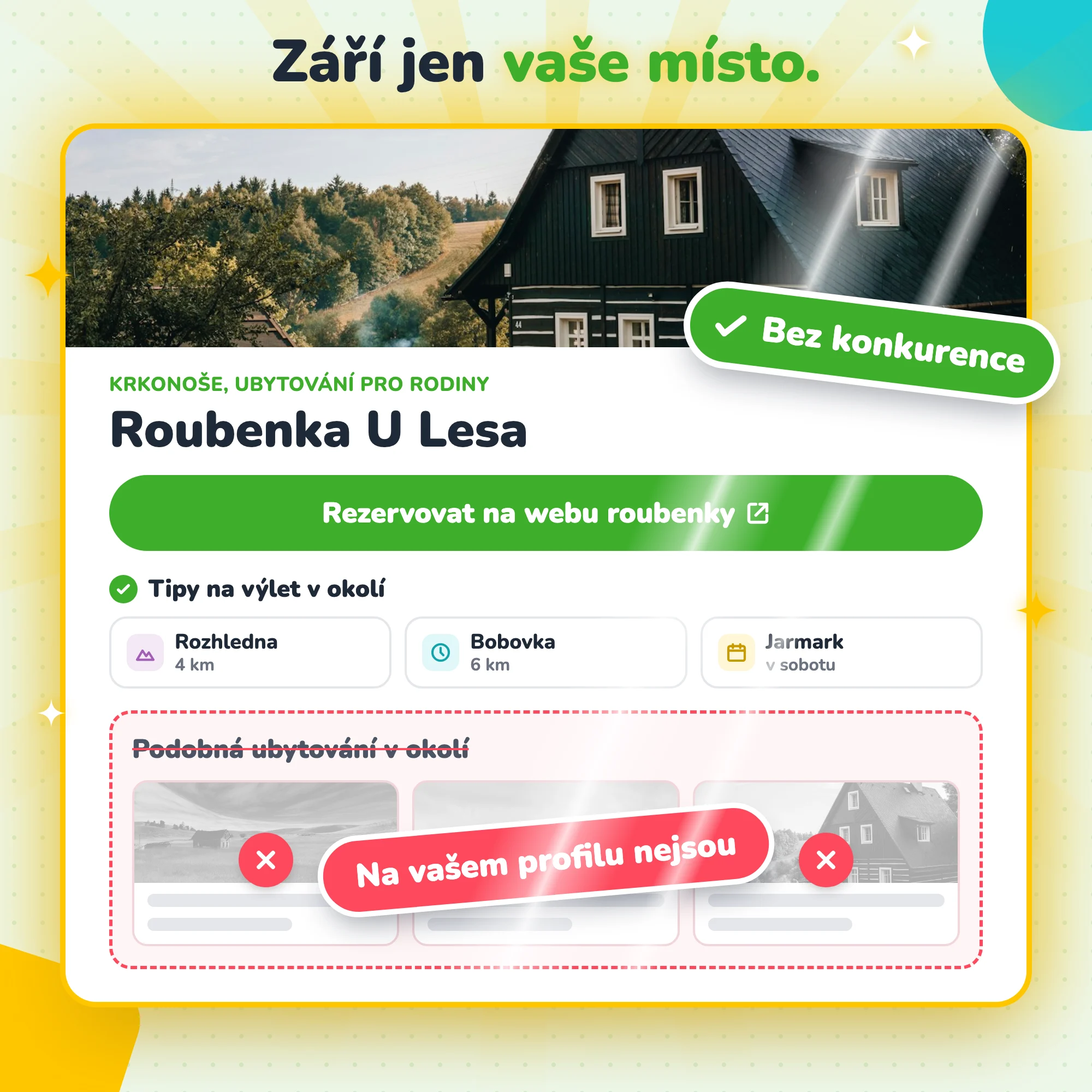 Ukázka profilu ubytování na Exploriu: tlačítko na web ubytování, tipy na výlet v okolí a přeškrtnutá podobná ubytování, která na profilu nejsou